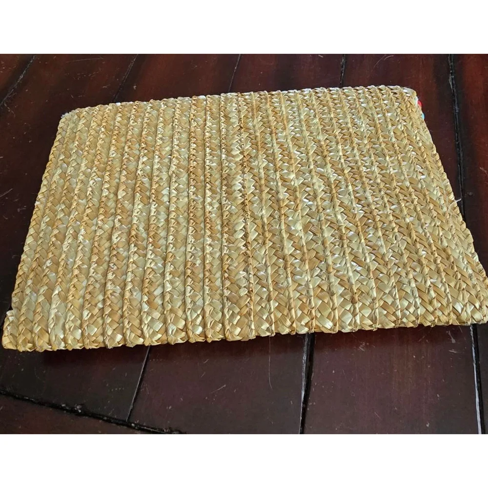 Women's Vintage Beige Summer Straw Clutch with Multi-color Pom Poms, One Size